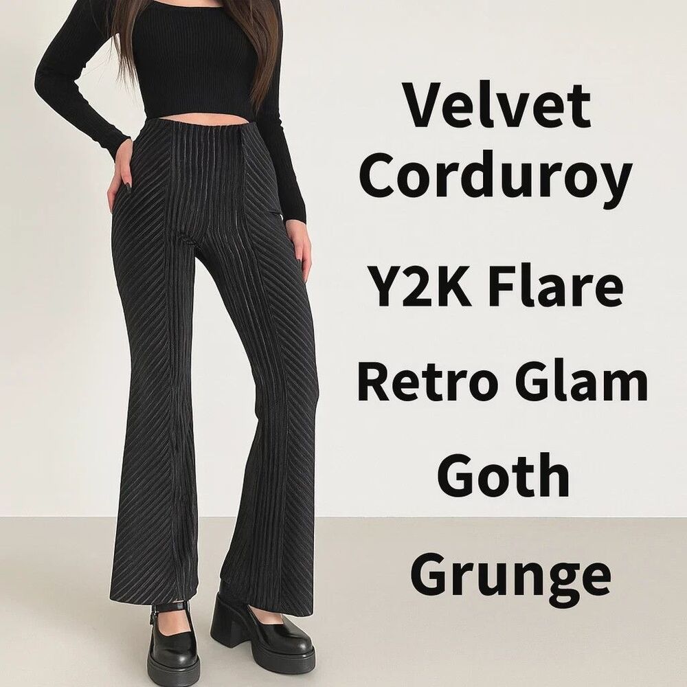 Chelsea & Violet Woman's Velvet Corduroy Flare Pants L Black Goth Grunge‎